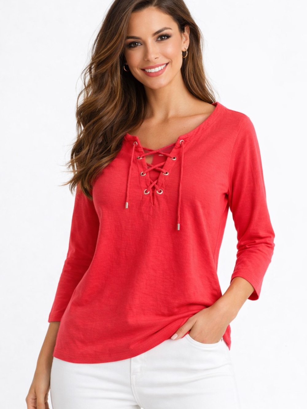 Tommy Hilfiger Red Lace-Up Three-Quarter Sleeve 100% Cotton Top